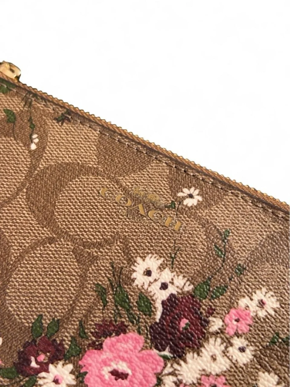 Coach Floral Logo Print Wristlet Wallet Coated Canvas Leather Gold Hardware
